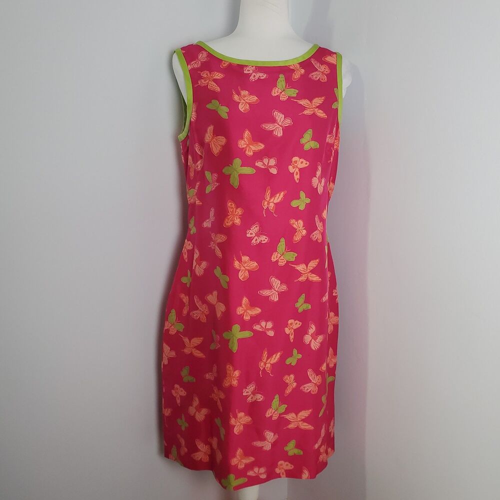 Vintage Hot Pink Silk Butterfly Printed Shift Dress Size 10